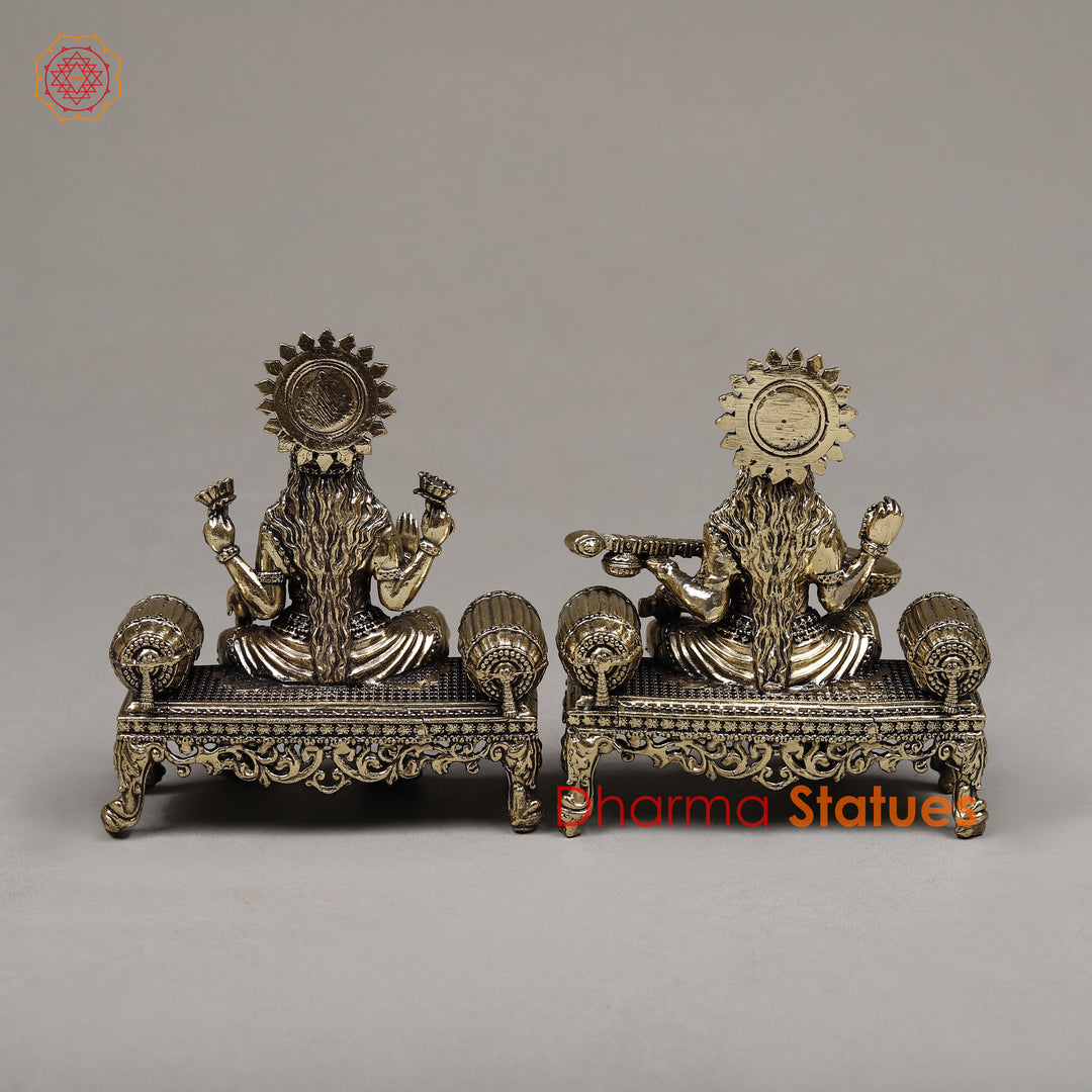 Brass Lakshmi & Saraswati Seated on a Throne, Golden Finish 4"