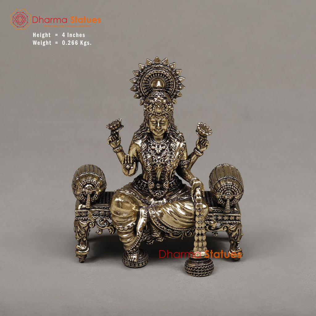 Brass Lakshmi Seated on a Throne, Golden Finish 4"