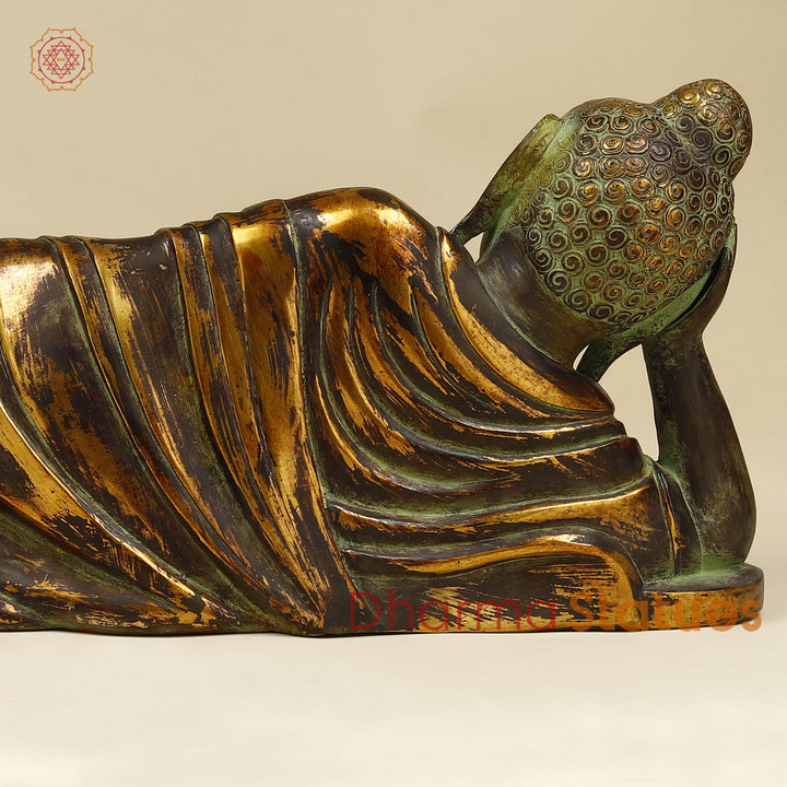 Brass Buddha in Resting Posture, Antique Green & Golden Finish 30"