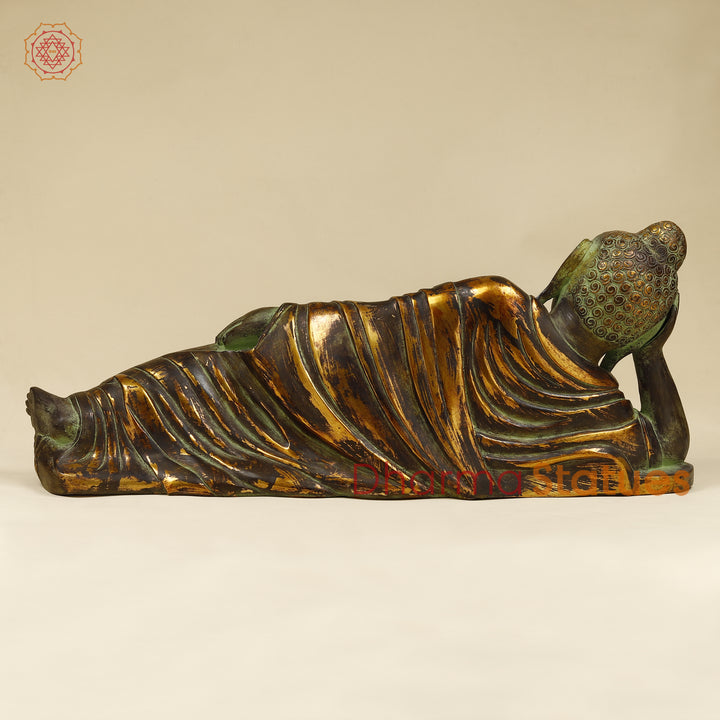 Brass Buddha in Resting Posture, Antique Green & Golden Finish 30"