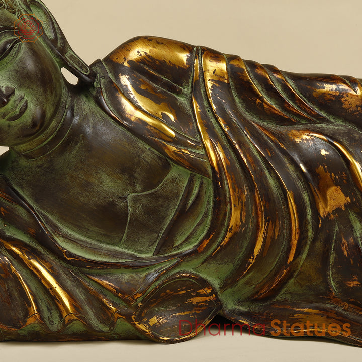 Brass Buddha in Resting Posture, Antique Green & Golden Finish 30"