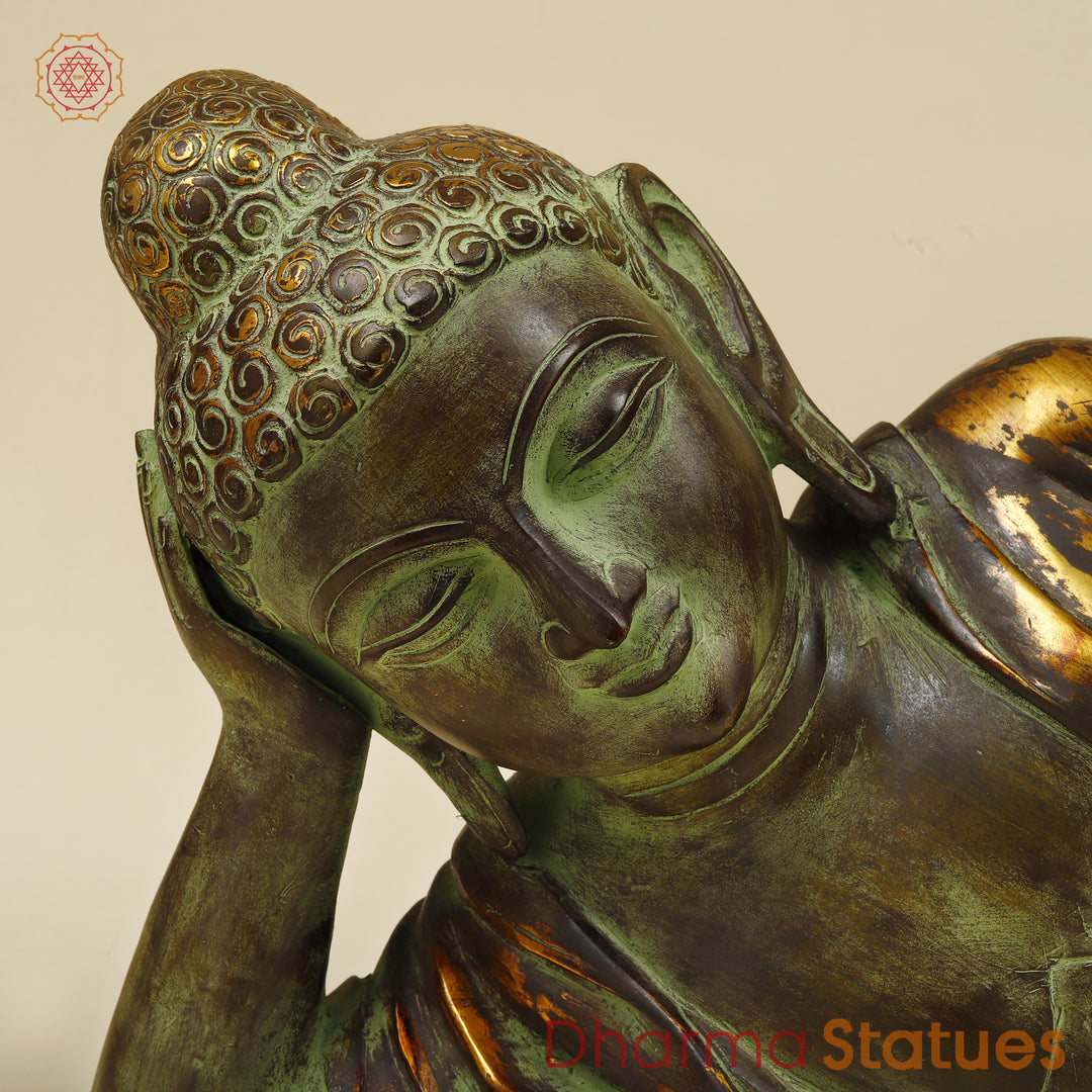 Brass Buddha in Resting Posture, Antique Green & Golden Finish 30"