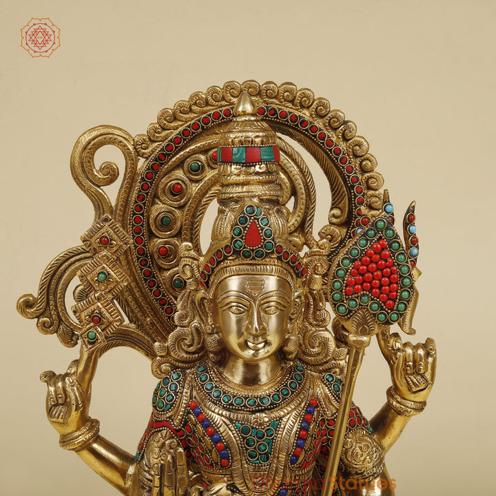 Brass Kartikeya Standing With Peacock, Stonework & Golden Finish, 20"