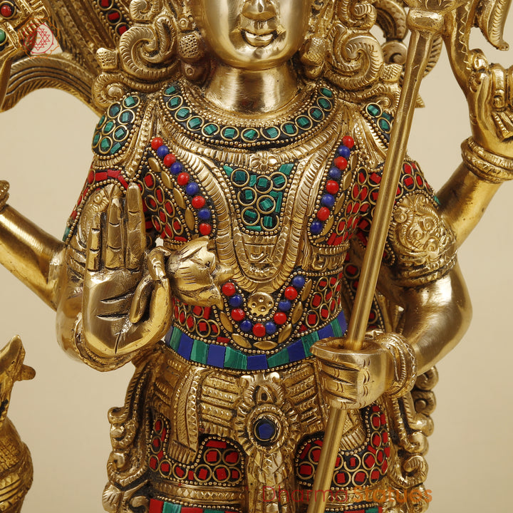 Brass Kartikeya Standing With Peacock, Stonework & Golden Finish, 20"