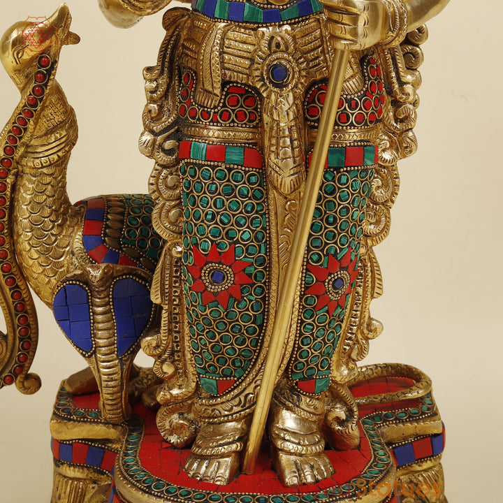 Brass Kartikeya Standing With Peacock, Stonework & Golden Finish, 20"