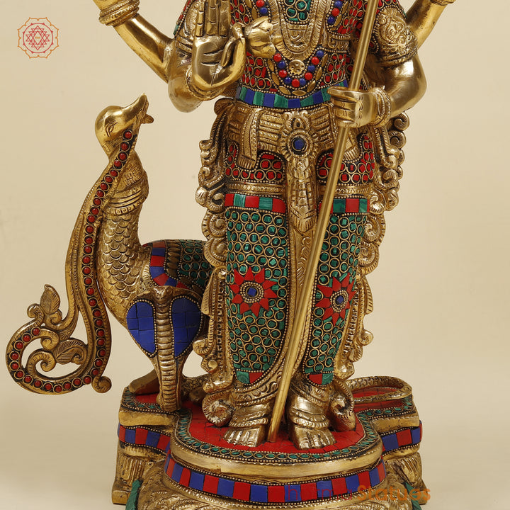 Brass Kartikeya Standing With Peacock, Stonework & Golden Finish, 20"