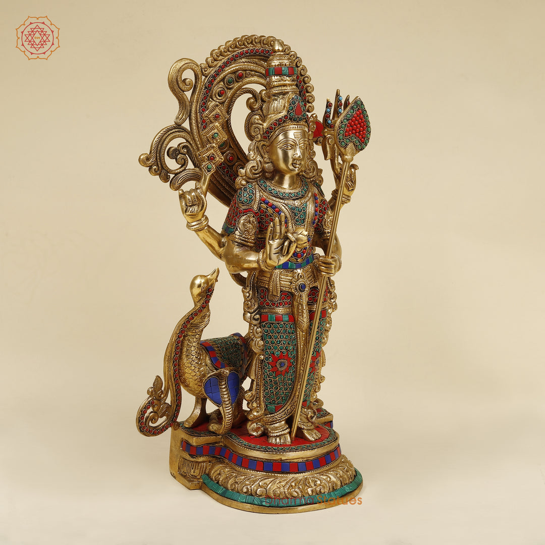 Brass Kartikeya Standing With Peacock, Stonework & Golden Finish, 20"