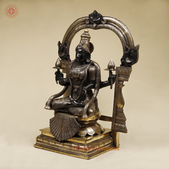 Brass Lakshmi Sitting (Padmavathi) With Special Frame, Deep Black & Smooth Finish, 30"