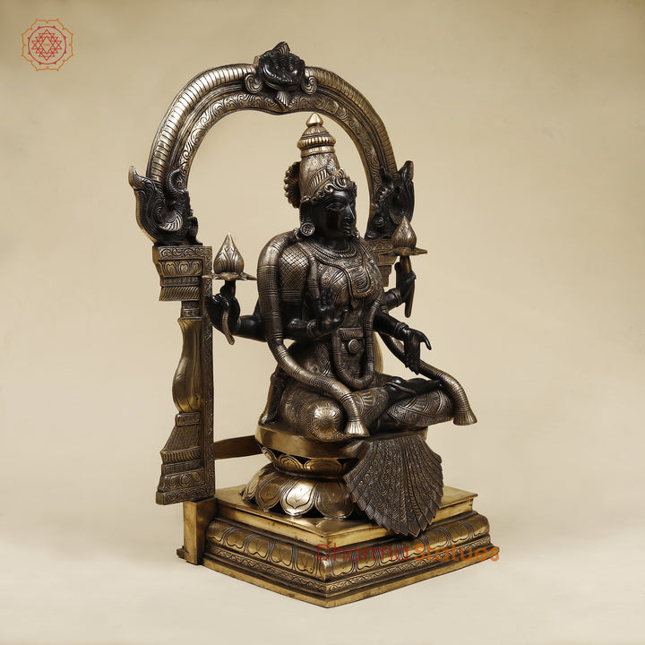 Brass Lakshmi Sitting (Padmavathi) With Special Frame, Deep Black & Smooth Finish, 30"