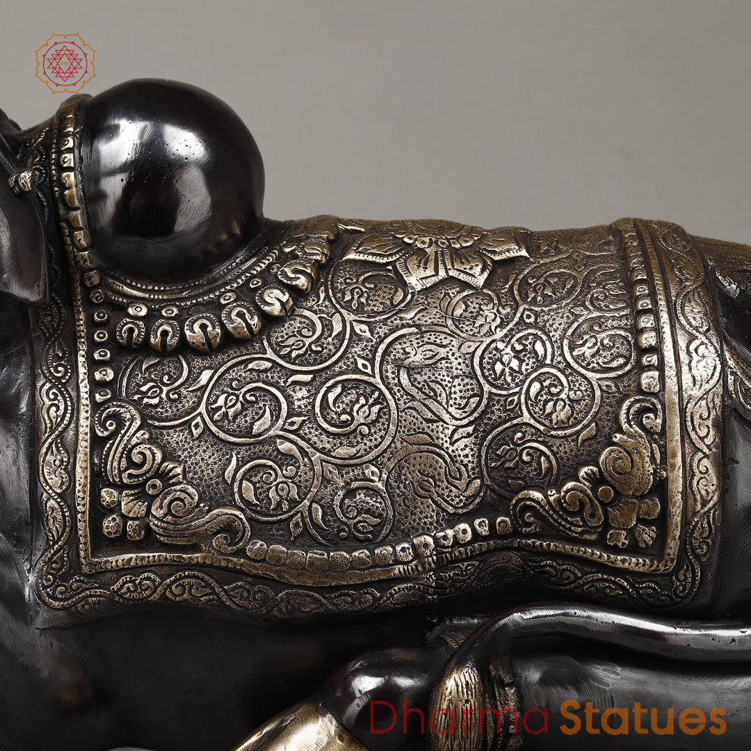 Brass Nandi Seated With Fine Carving, Black Patina & Smooth Finish, 22"