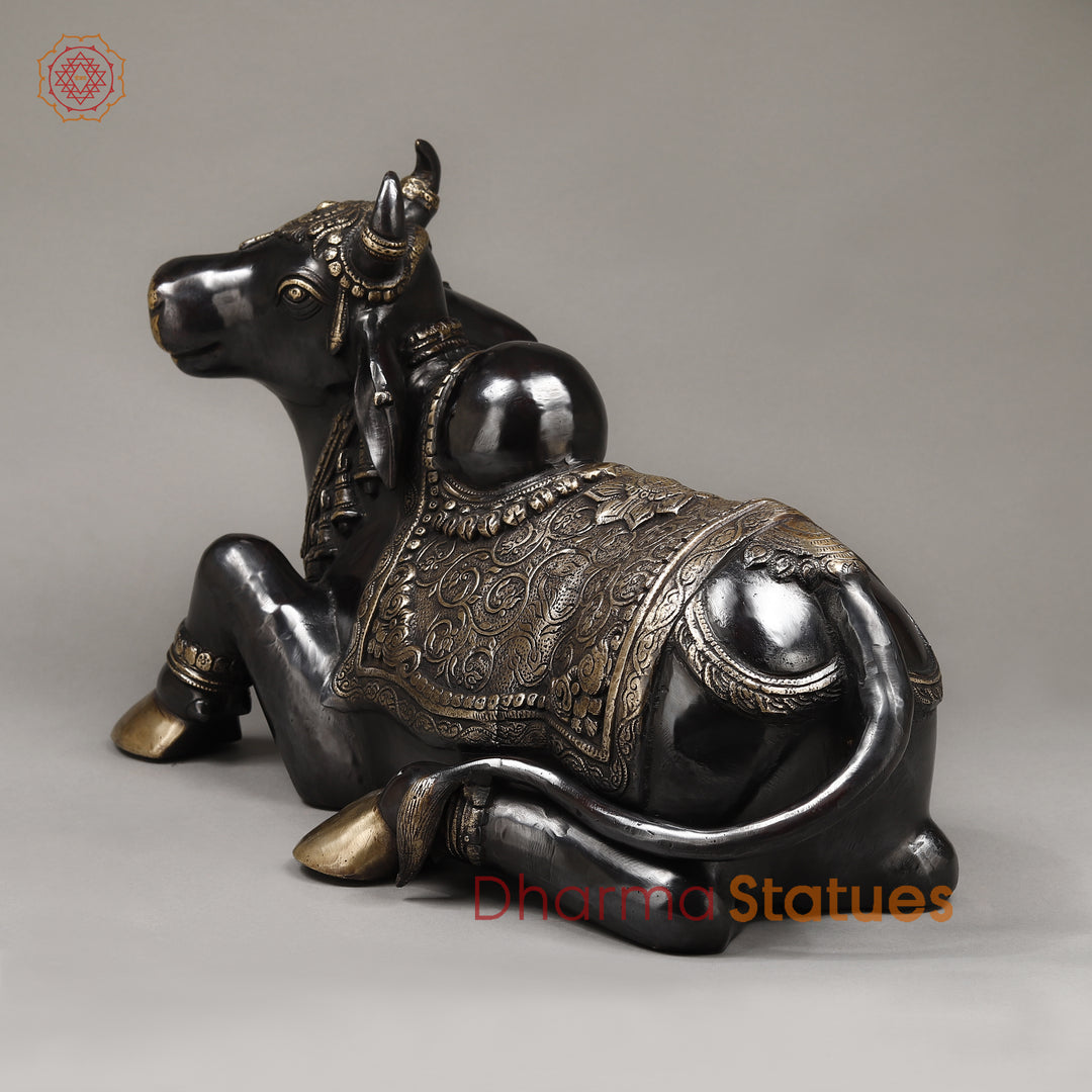 Brass Nandi Seated With Fine Carving, Black Patina & Smooth Finish, 22"