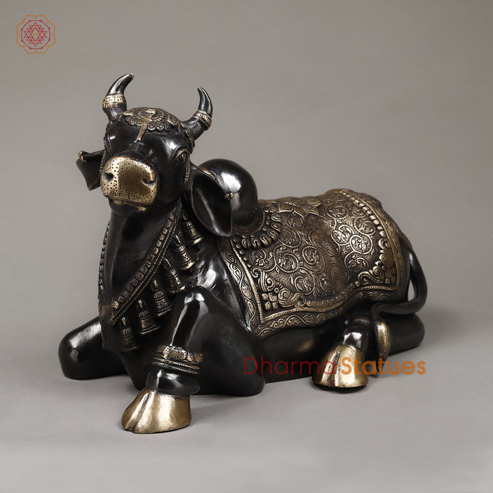 Brass Nandi Seated With Fine Carving, Black Patina & Smooth Finish, 22"