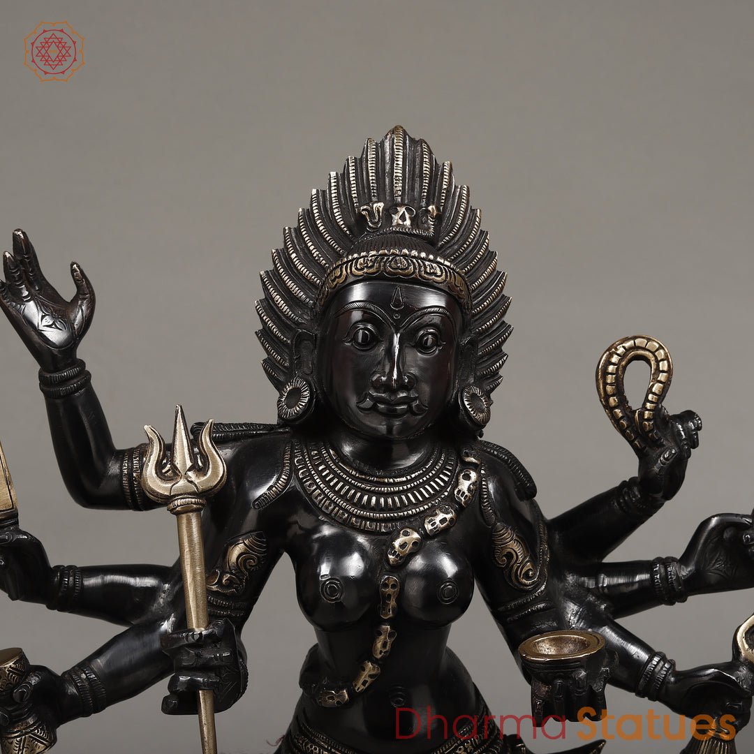 Brass Kaali Standing on Pedestal, Deep Black Color with Golden Finish, 23.5"