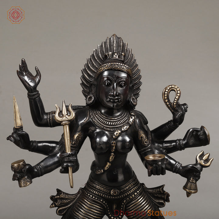 Brass Kaali Standing on Pedestal, Deep Black Color with Golden Finish, 23.5"