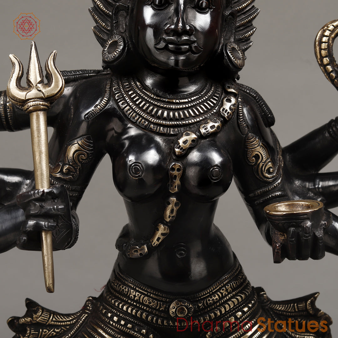 Brass Kaali Standing on Pedestal, Deep Black Color with Golden Finish, 23.5"