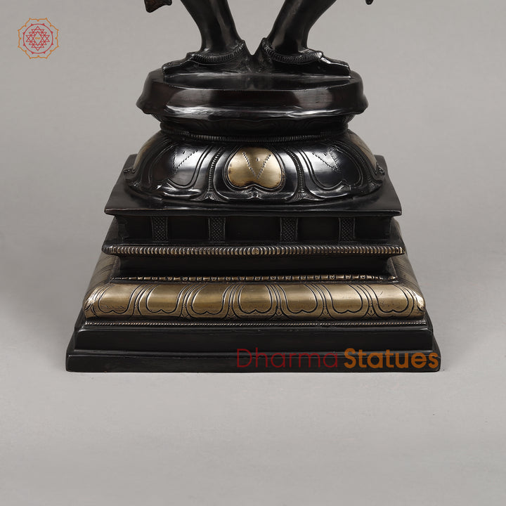 Brass Kaali Standing on Pedestal, Deep Black Color with Golden Finish, 23.5"