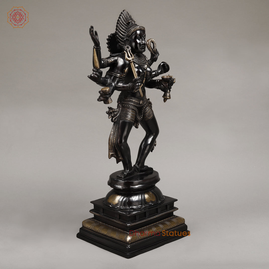 Brass Kaali Standing on Pedestal, Deep Black Color with Golden Finish, 23.5"