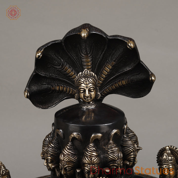 Brass Mukhalinga (Shivling) with Snake, Ganesh, Parvati, Karttikey and Nandi, Rich Black Finish 21"