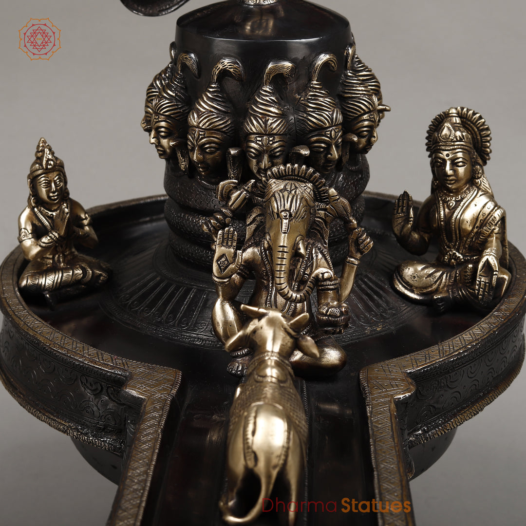 Brass Mukhalinga (Shivling) with Snake, Ganesh, Parvati, Karttikey and Nandi, Rich Black Finish 21"