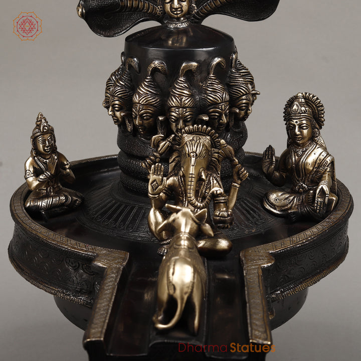 Brass Mukhalinga (Shivling) with Snake, Ganesh, Parvati, Karttikey and Nandi, Rich Black Finish 21"