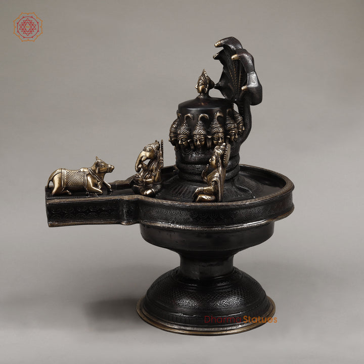 Brass Mukhalinga (Shivling) with Snake, Ganesh, Parvati, Karttikey and Nandi, Rich Black Finish 21"