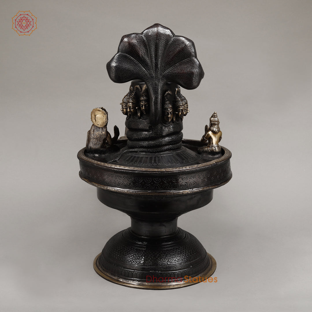 Brass Mukhalinga (Shivling) with Snake, Ganesh, Parvati, Karttikey and Nandi, Rich Black Finish 21"