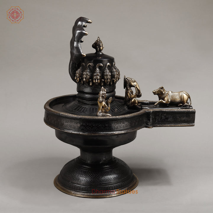 Brass Mukhalinga (Shivling) with Snake, Ganesh, Parvati, Karttikey and Nandi, Rich Black Finish 21"