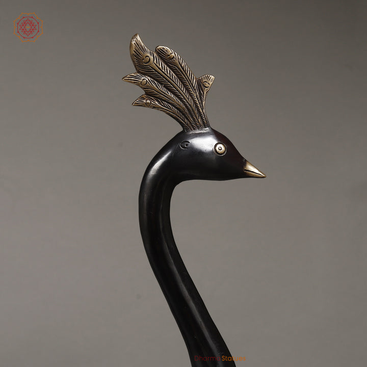 Brass Peacock With Beautiful Feathers, Deep Black Finish 24.5"