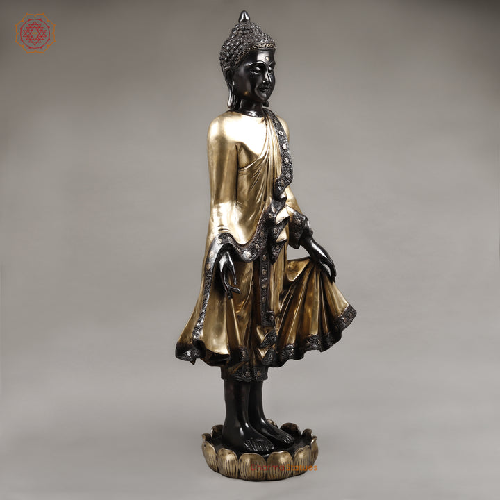 Brass Buddha Standing, Deep Black and Smooth Finish 42"