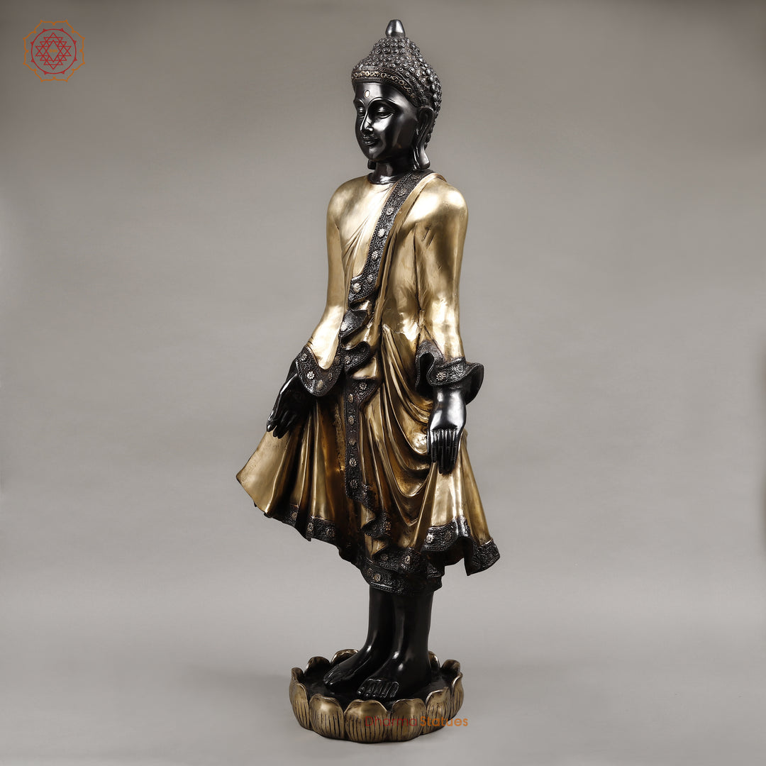 Brass Buddha Standing, Deep Black and Smooth Finish 42"