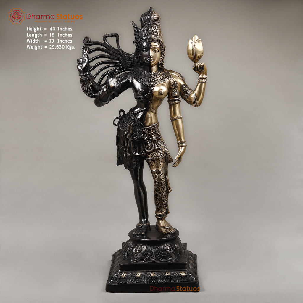 Brass Ardhanarishwara Standing, Shiv and Parvati as One, Black Patina & Gold Finish, 40"