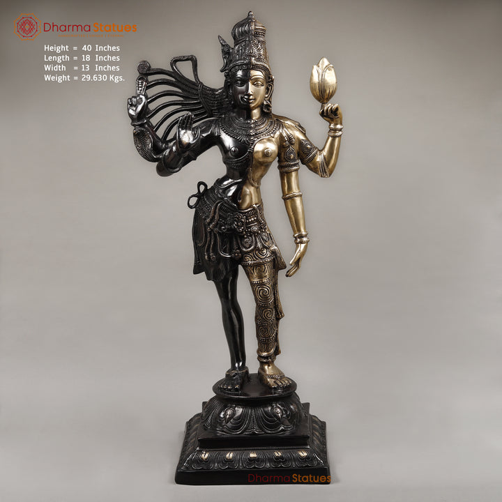 Brass Ardhanarishwara Standing, Shiv and Parvati as One, Black Patina & White Finish, 40"