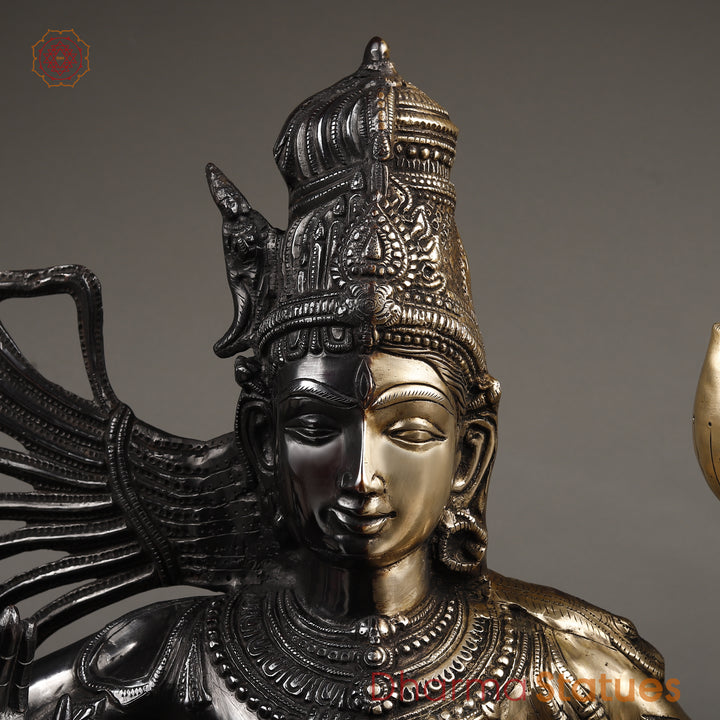 Brass Ardhanarishwara Standing, Shiv and Parvati as One, Black Patina & White Finish, 40"