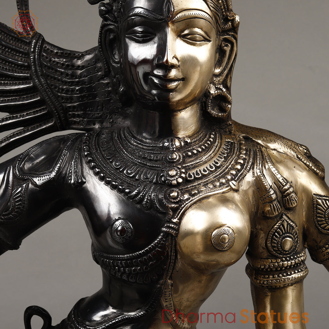 Brass Ardhanarishwara Standing, Shiv and Parvati as One, Black Patina & White Finish, 40"