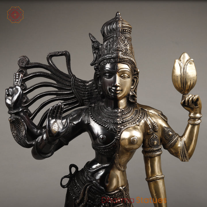 Brass Ardhanarishwara Standing, Shiv and Parvati as One, Black Patina & White Finish, 40"