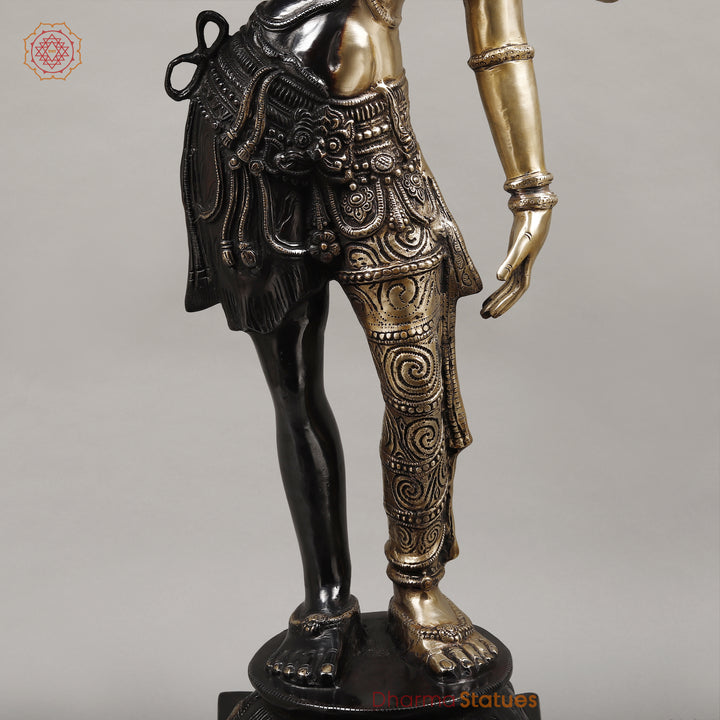 Brass Ardhanarishwara Standing, Shiv and Parvati as One, Black Patina & White Finish, 40"