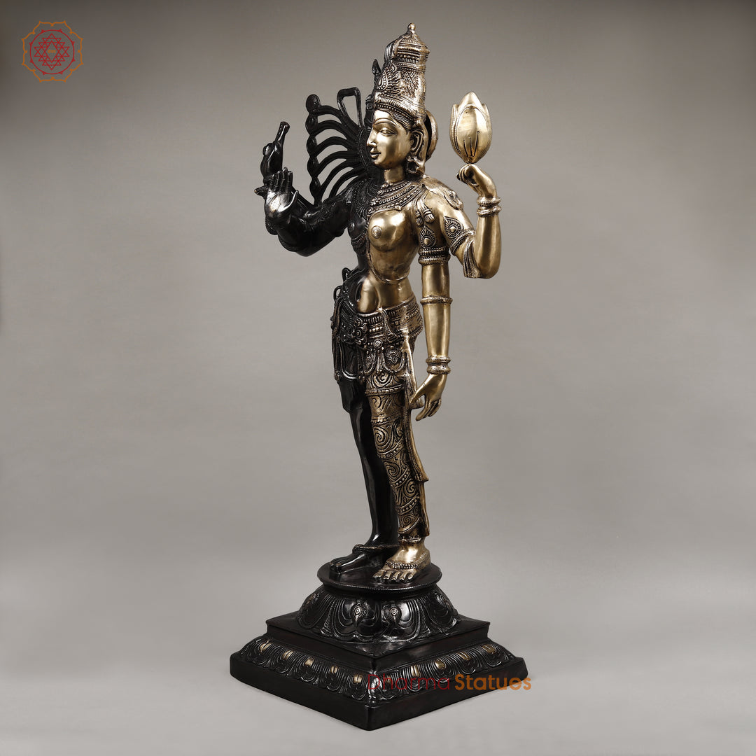 Brass Ardhanarishwara Standing, Shiv and Parvati as One, Black Patina & Gold Finish, 40"