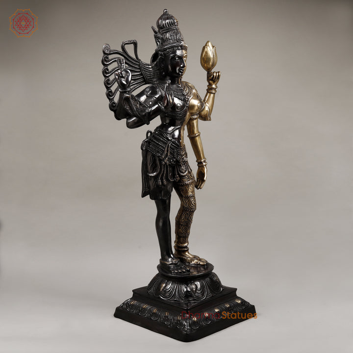 Brass Ardhanarishwara Standing, Shiv and Parvati as One, Black Patina & Gold Finish, 40"