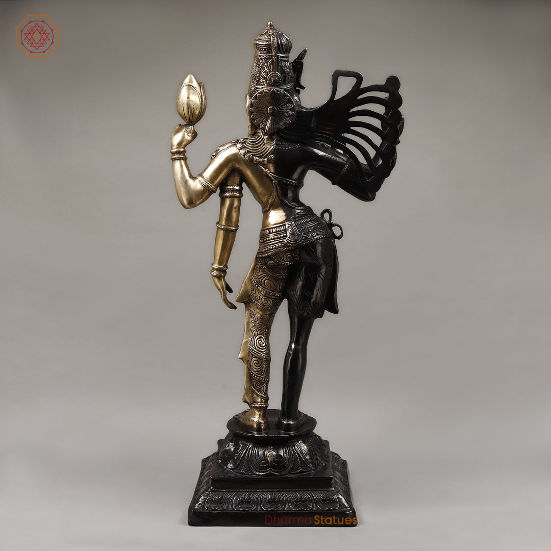 Brass Ardhanarishwara Standing, Shiv and Parvati as One, Black Patina & Gold Finish, 40"