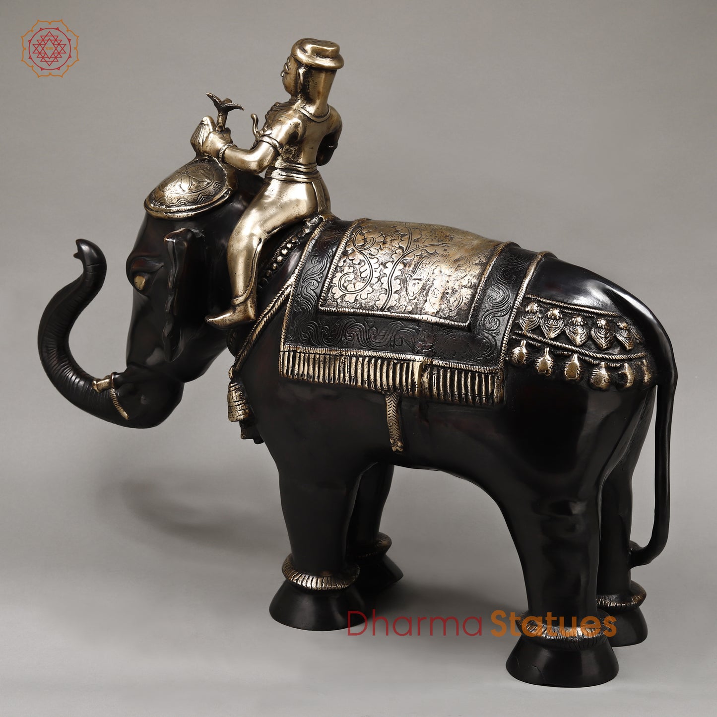 Brass Elephant with Rider, Black Patina & Golden Finish, 24"