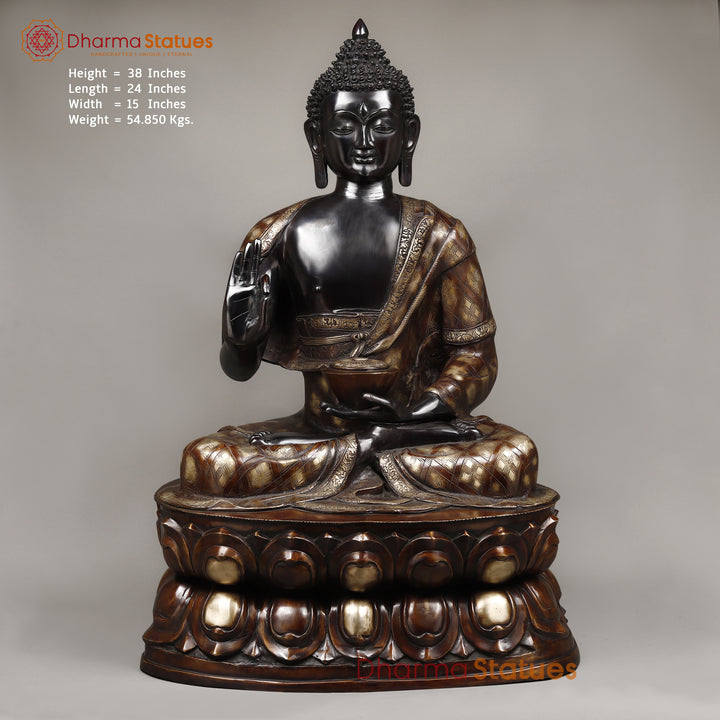 Brass Buddha seated in Blessing Posture, Black Patina & Copper Finish, 38"