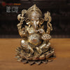 Brass Ganesh Sitting on Lotus Flower Smooth Finish, 11.5" Front View