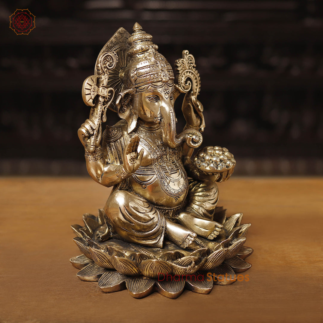 Brass Ganesh Sitting on Lotus Flower Smooth Finish, 11.5"