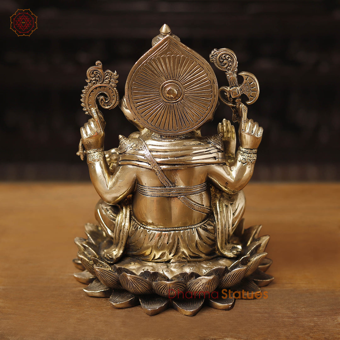 Brass Ganesh Sitting on Lotus Flower Smooth Finish, 11.5"