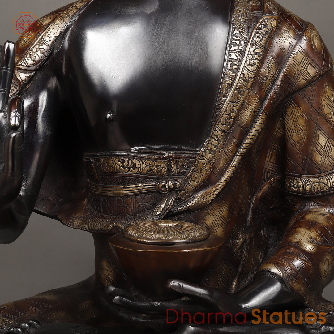 Brass Buddha seated in Blessing Posture, Black Patina & Copper Finish, 38"