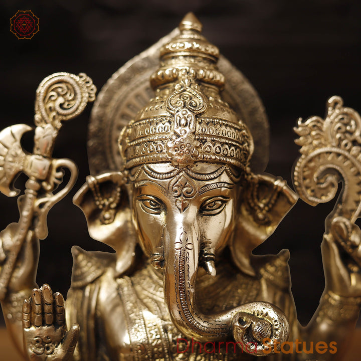 Brass Ganesh Sitting on Lotus Flower Smooth Finish, 11.5"