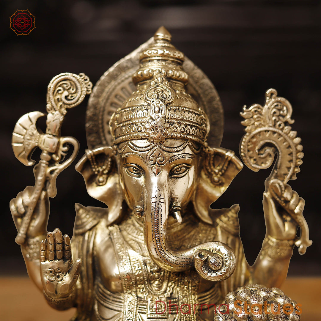 Brass Ganesh Sitting on Lotus Flower Smooth Finish, 11.5"