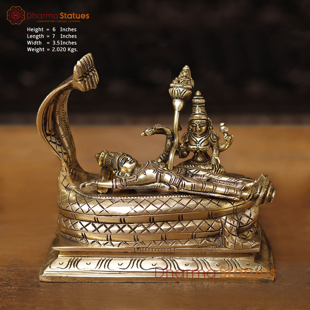 Brass Vishnu and Lakshmi Resting on Sheshnag, Smooth Gold Finish 6"