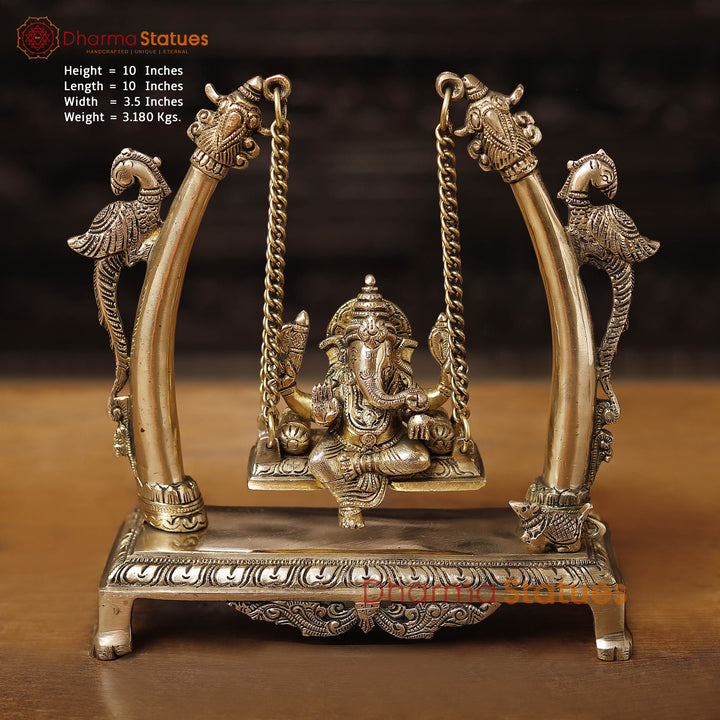 Brass Ganesh Jhula Under Elephant Tusk, Smooth finish, 10" Front View