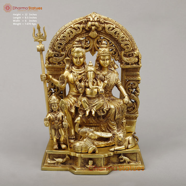 Brass Shiva Parivar With Arch , Fine Golden Finish, 12"